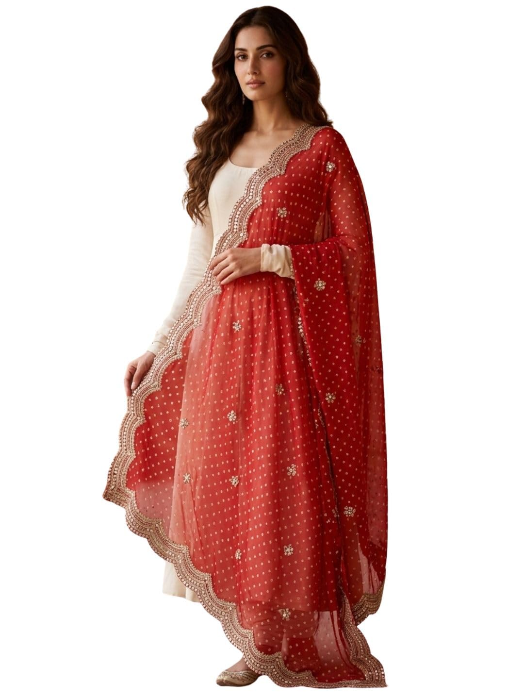 dupatta bazaar Women's Bandhini Printed and Embroidered Georgette Dupatta | Zardozi Work with Embellished Border Ethnic Wear Dupatta Wedding Festive Party (2.4 Meter, Red)-picture-38