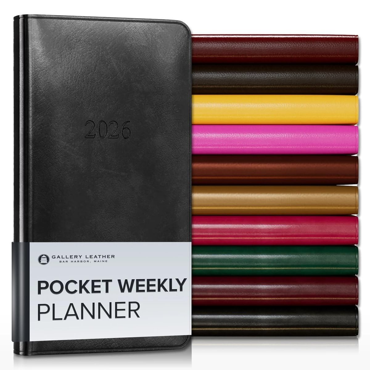 Gallery Leather Pocket Weekly Monthly Planner 2025-2026, Elegantly Bound Calendar Planner and Notebook with Stylish Gold-Gilded Page Edges, 12 Months