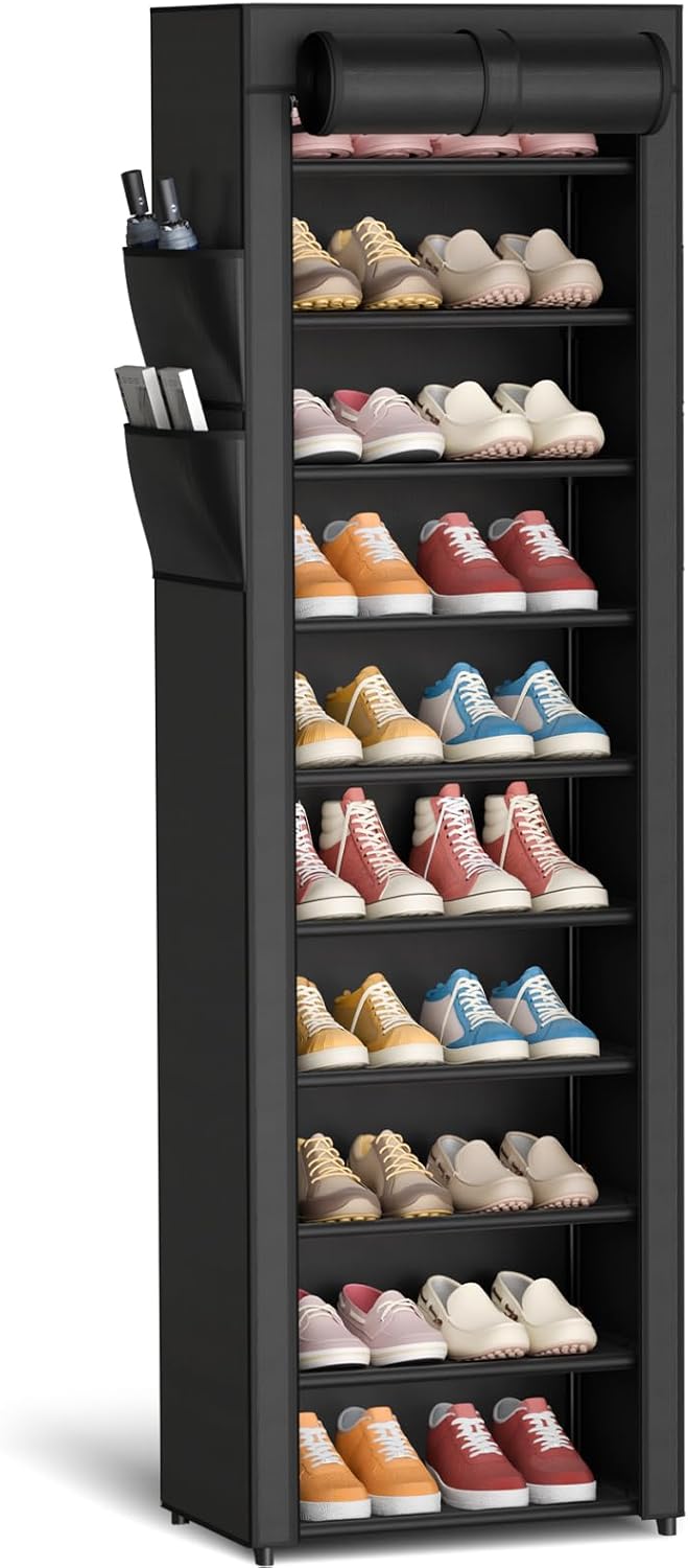 Kitsure Shoe Rack - 10-Tier Large Capacity Shoe Organizer Shelf with Dust Cover & Side Pockets, Rust-Proof Metal Shoe Rack for Closet, Entrance, Living Room, 17.5" x 12.4" x 69.3", Black Black 17.5" x 12.4" x 69.3"