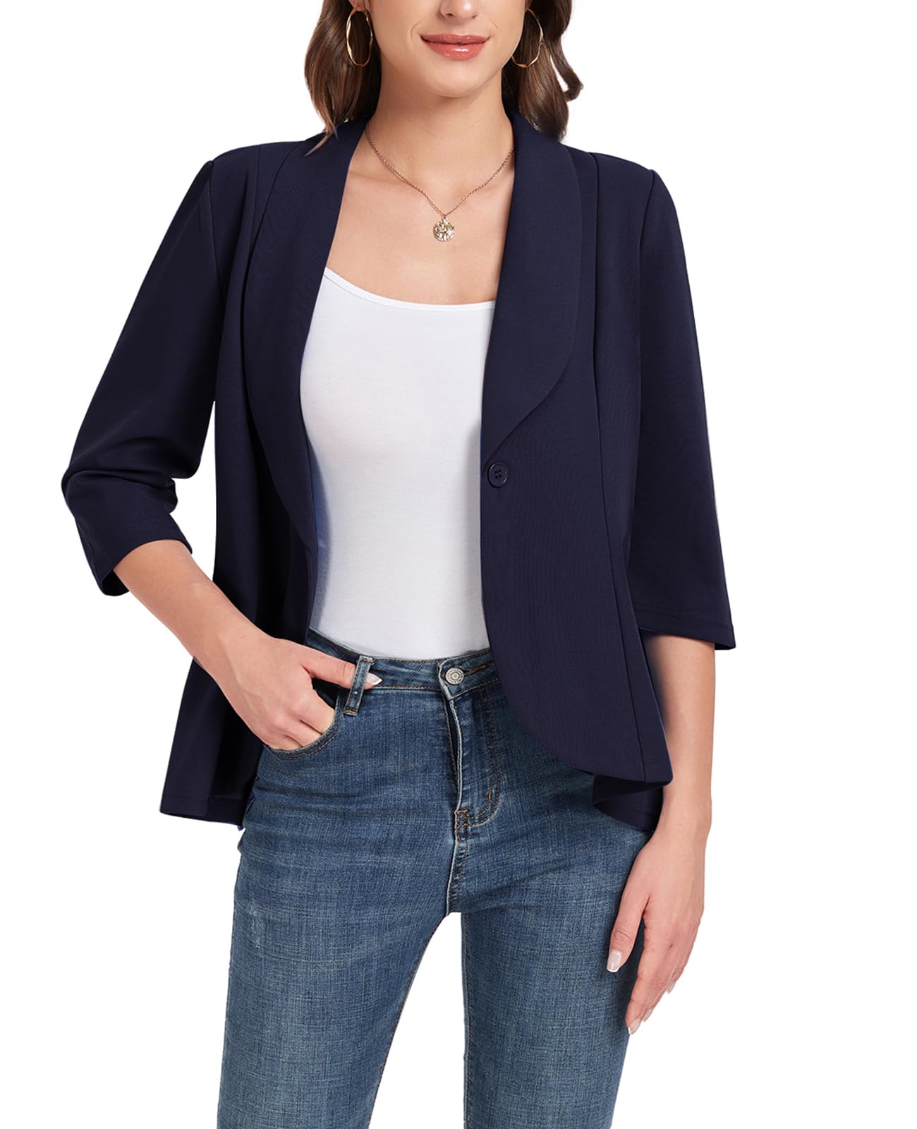 Blazer da donna con maniche a 3/4, cardigan aperto sul davanti, con bottoni, collo a scialle, giacche da lavoro, ufficio, giacche