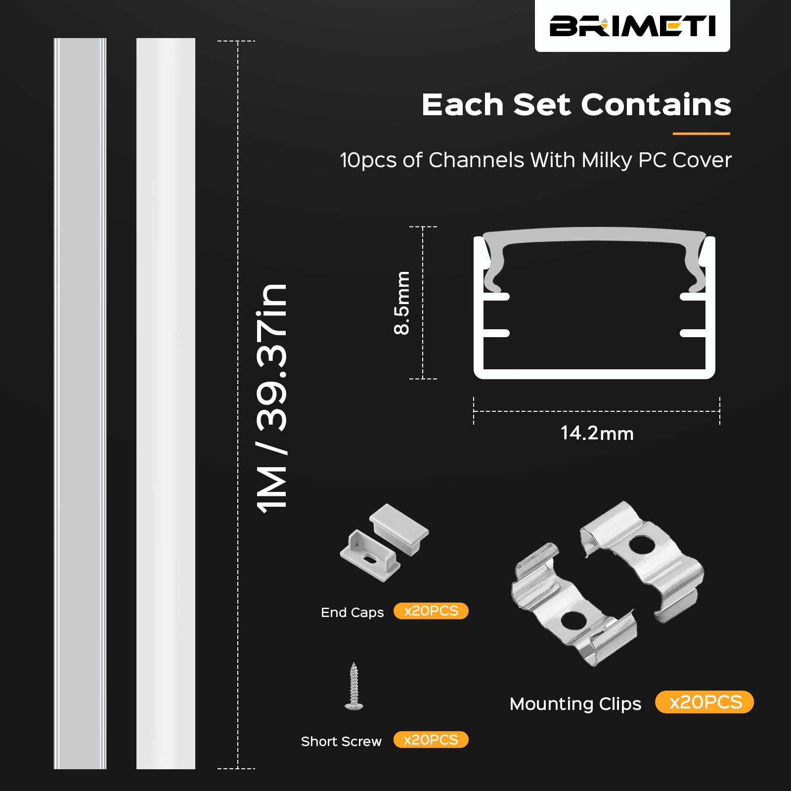 Profili per Strisce LED 10x Profili Angolari da 1 Metri in Alluminio U-forma con Copertura Opaca, Schermatura Opaca ingombro max striscia led 10mm - 14.2 x 8.5mm