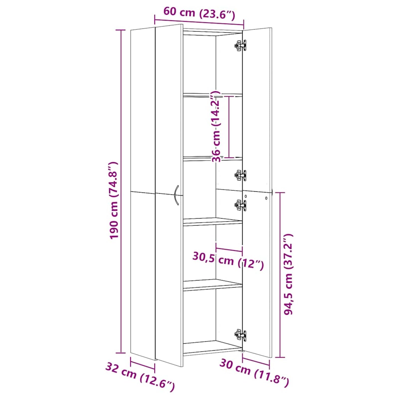 Armadio da ufficio, 60 x 32 x 190 cm, con 5 scomparti e 2 ante, grigio cemento, materiale in legno, per ufficio, casa e studio