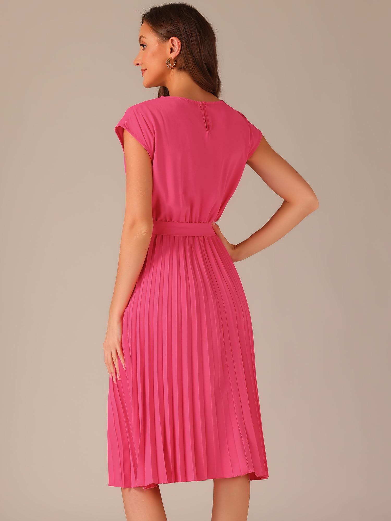 Allegra K Vestido Plisado Mujer Cuello Redondo Manga Casquillo, Elegante
