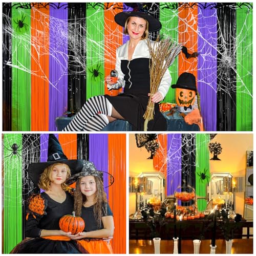 Image of 4 Packs Halloween Foil Fringe Curtain, Orange Black Purple and Green Metallic Tinsel Backdrop for Birthday, Baby Shower, Bachelorette, Halloween Party Decorations Favors Supplies Indoor Outdoor