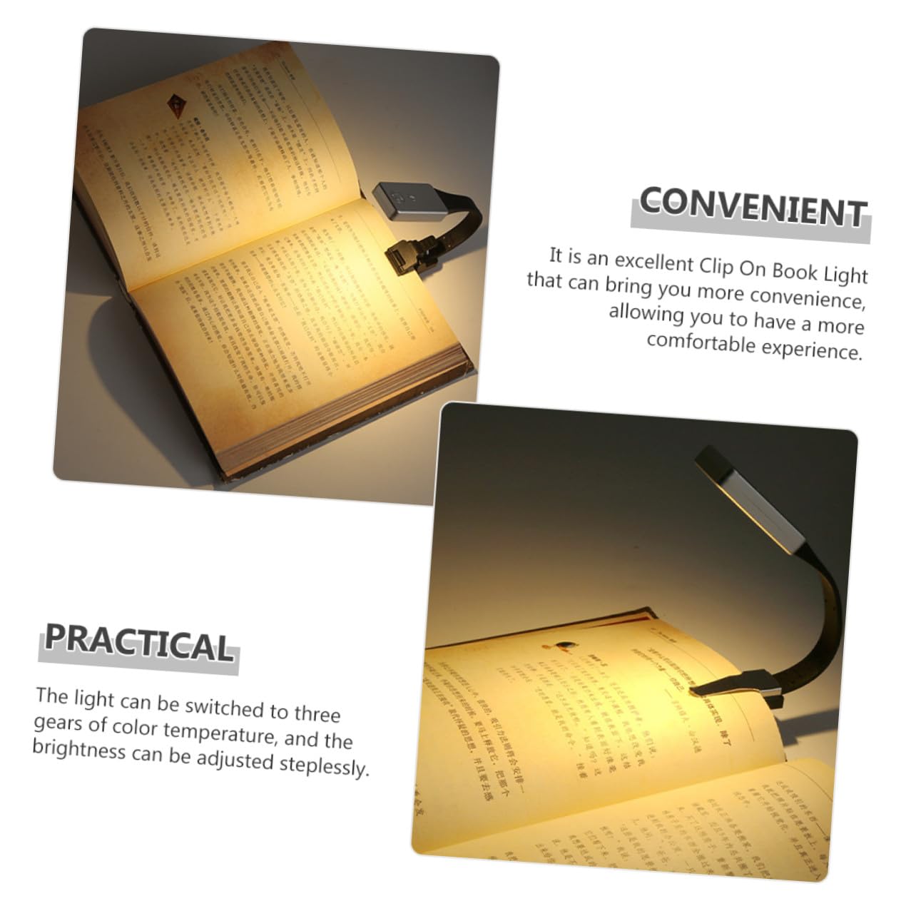 Lampada da Lettura a Clip LED per Libri, USB 250mah | Acrilico, Luminosità Regolabile e 3 Temperature Colore, Pinza Magnetica, per Studio e Lettura