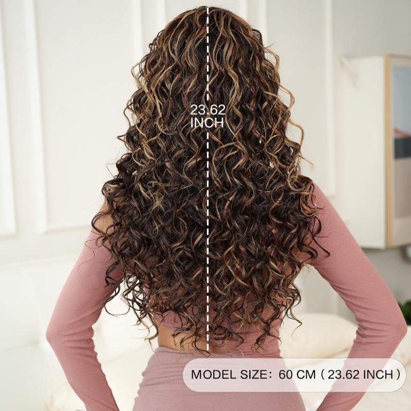 Honey Blonde Brown Human Hair Wigs Springy Curly Long Wavy Hair with Bangs Lightweight Fluffy Daily Wear for Women (Golden Brown,24inch)