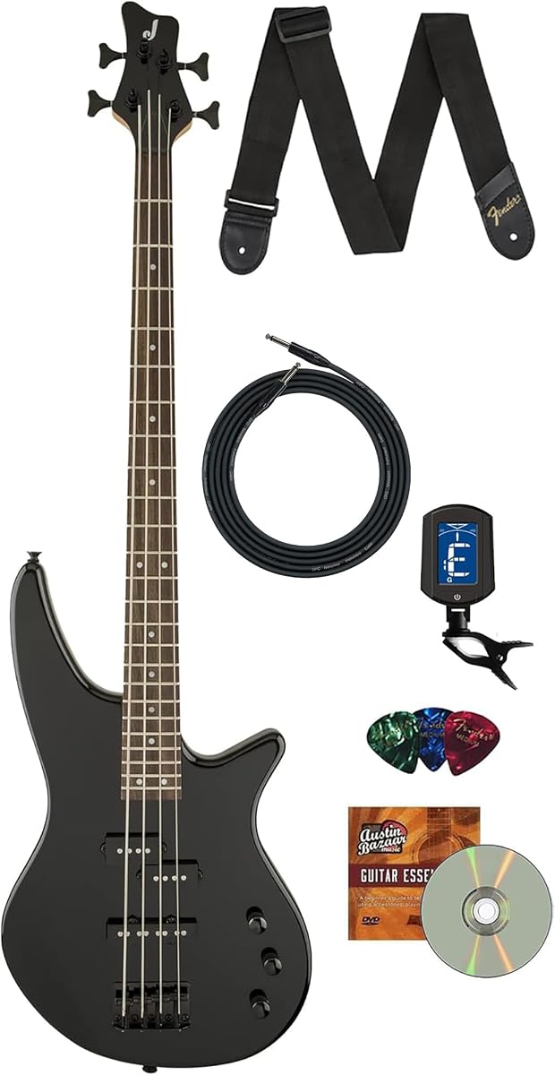 Bajo JS2 Spectra - Paquete negro brillante con cable, afinador, correa, púas y DVD instructivo de Austin Bazaar
