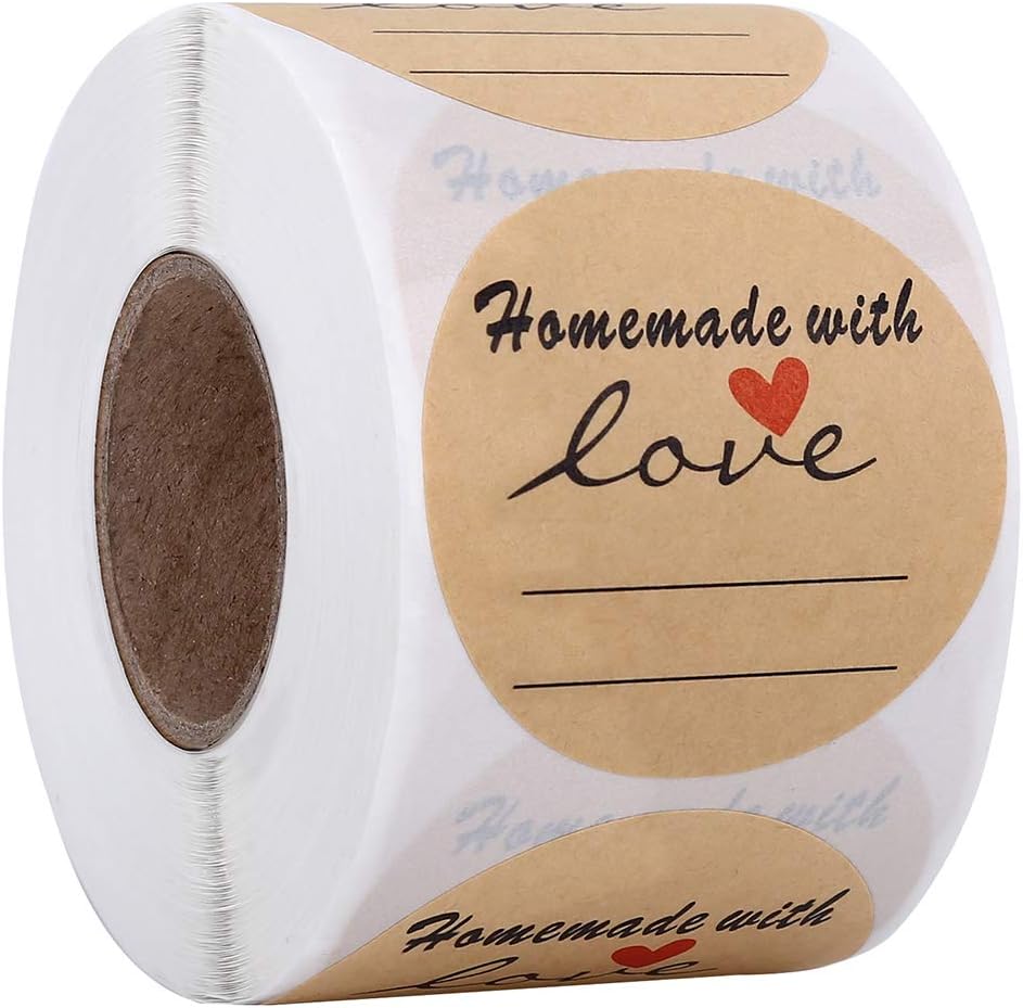 2" Round Kraft Homemade with Love Sticker with Lines for Writing, Black Font and Red Heart Canning Labels, 500 Labels per roll