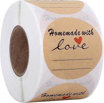 2" Round Kraft Homemade with Love Sticker with Lines for Writing, Black Font and Red Heart Canning Labels, 500 Labels per roll