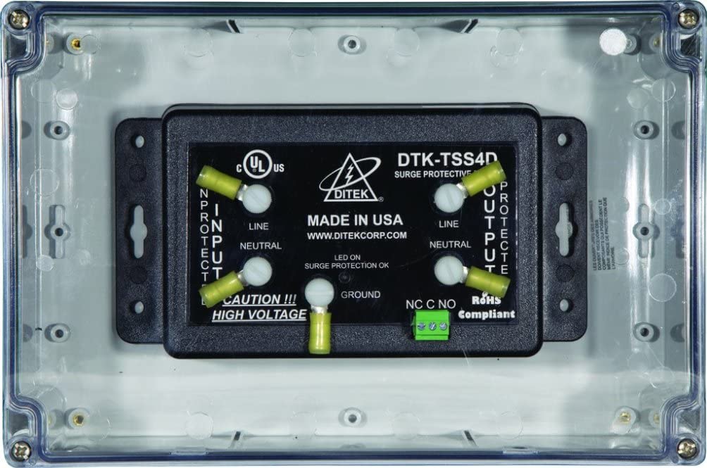 DITEK DTK-TSS4D 120 VAC SINGLE, 20 AMPS MAX CONTINUOUS CURRENT, 50000 AMPS SURGE CURRENT RATING, 50-60 HZ, 54 KA SERIES, DIAGNOSTIC LED, ENCLOSURE W/DRY CONTACTS (FORM C), HARDWIRED CONNECTION, NEMA 4