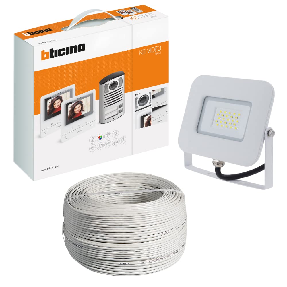 Generico Kit Videocitofono Vivavoce Bifamiliare IP54 Cavo Citofonico 2 Fili 25 Metri Faro Led 20 Watt Bianco Illuminare Ingresso