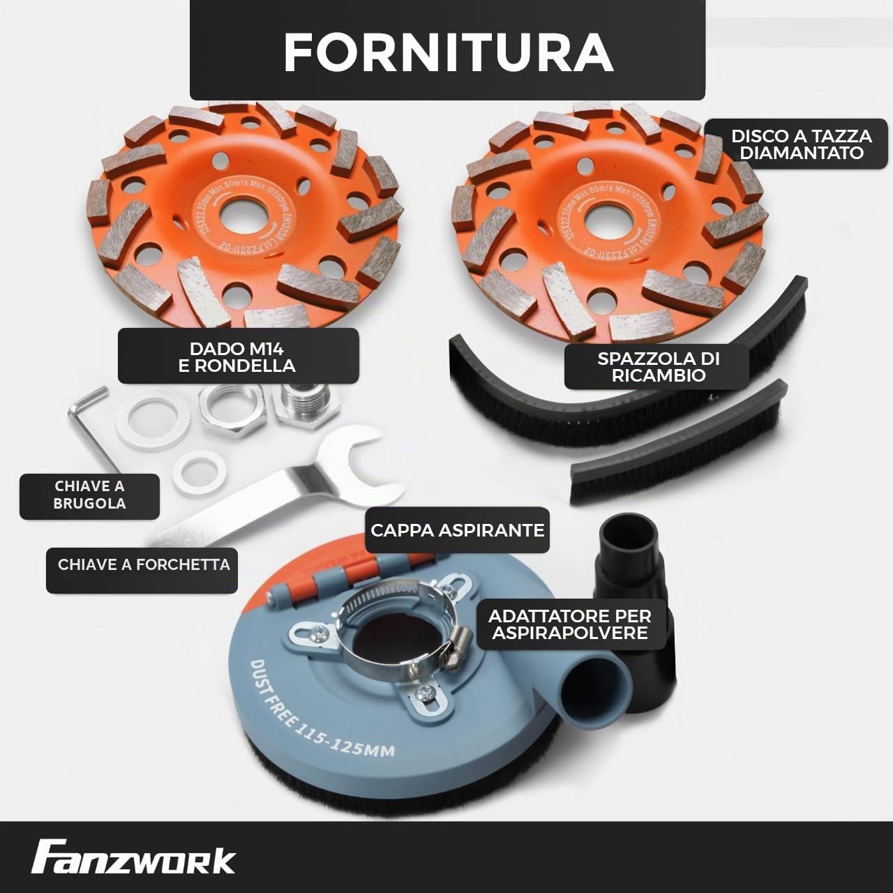 FANZWORK - Cappa di aspirazione per smerigliatrice angolare, con 2 dischi diamantati professionali da 125 mm, spazzole intercambiabili, compatibilità universale al 99%, anello adattatore rinforzato