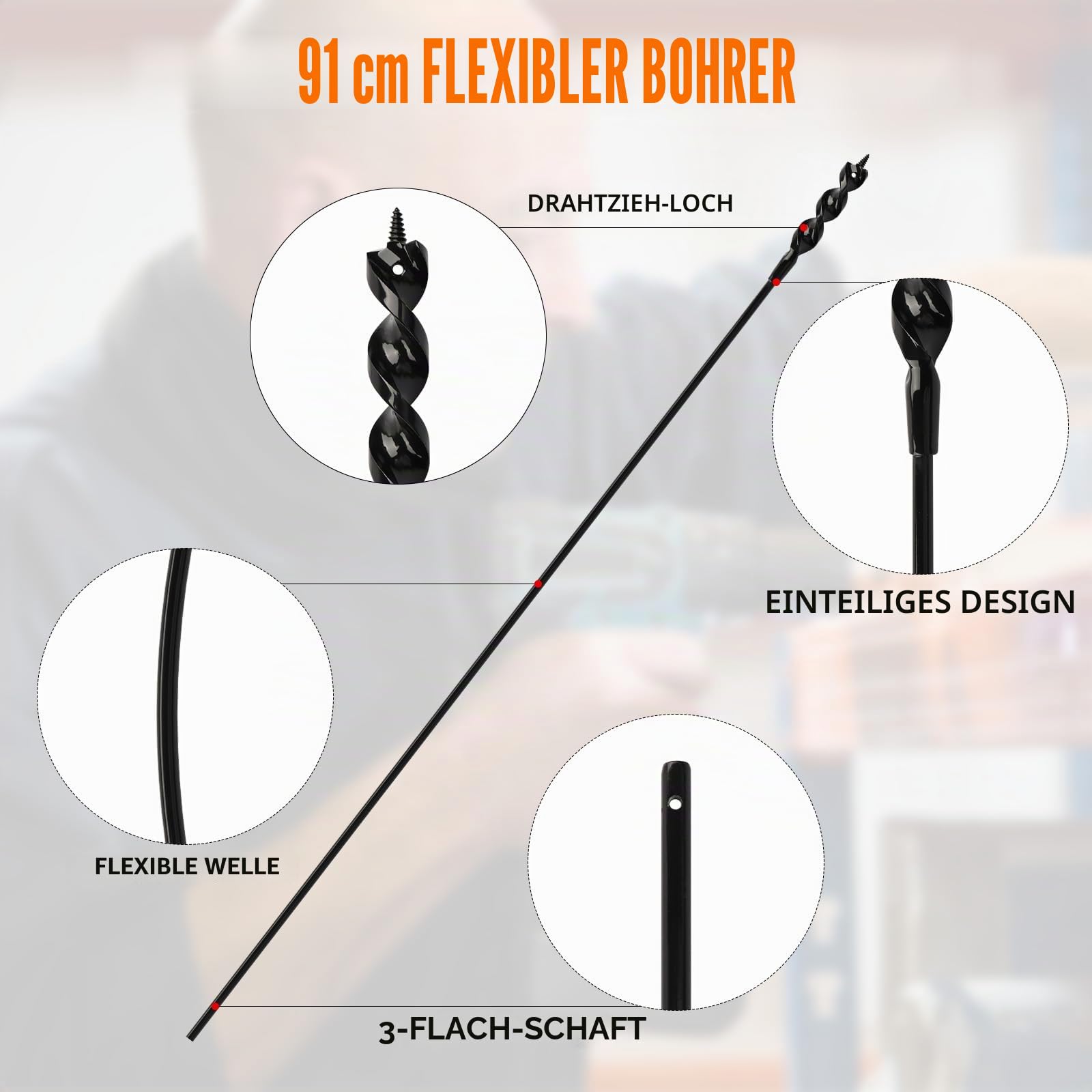 Flexibler Montagebohrer, 3/4 Zoll x 36 Zoll, flexibler Bohrer für Drahtziehen, 1/4-Zoll-Schaft