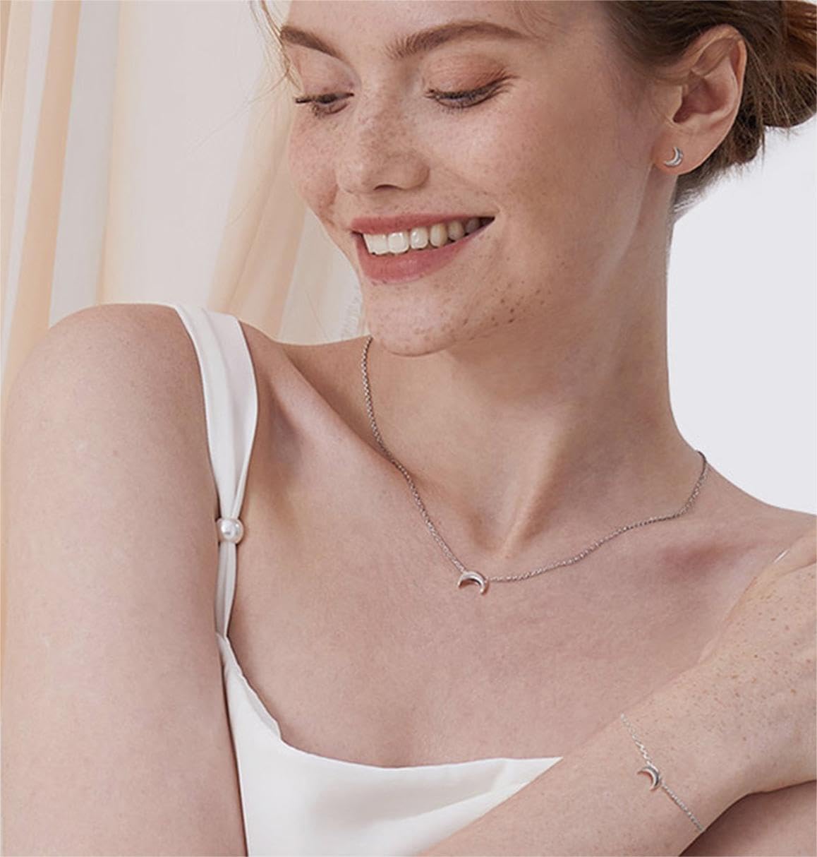 ChicSilver Collana Argento 925 Donna in Oro Bianco, Collana Donna Argento Oro Rosa con Cuore/Luna/Stella Lunga 41+5cm, Catenina Ciondolo Personalizzata Ragazza Bambina Amicizia Idee Regalo