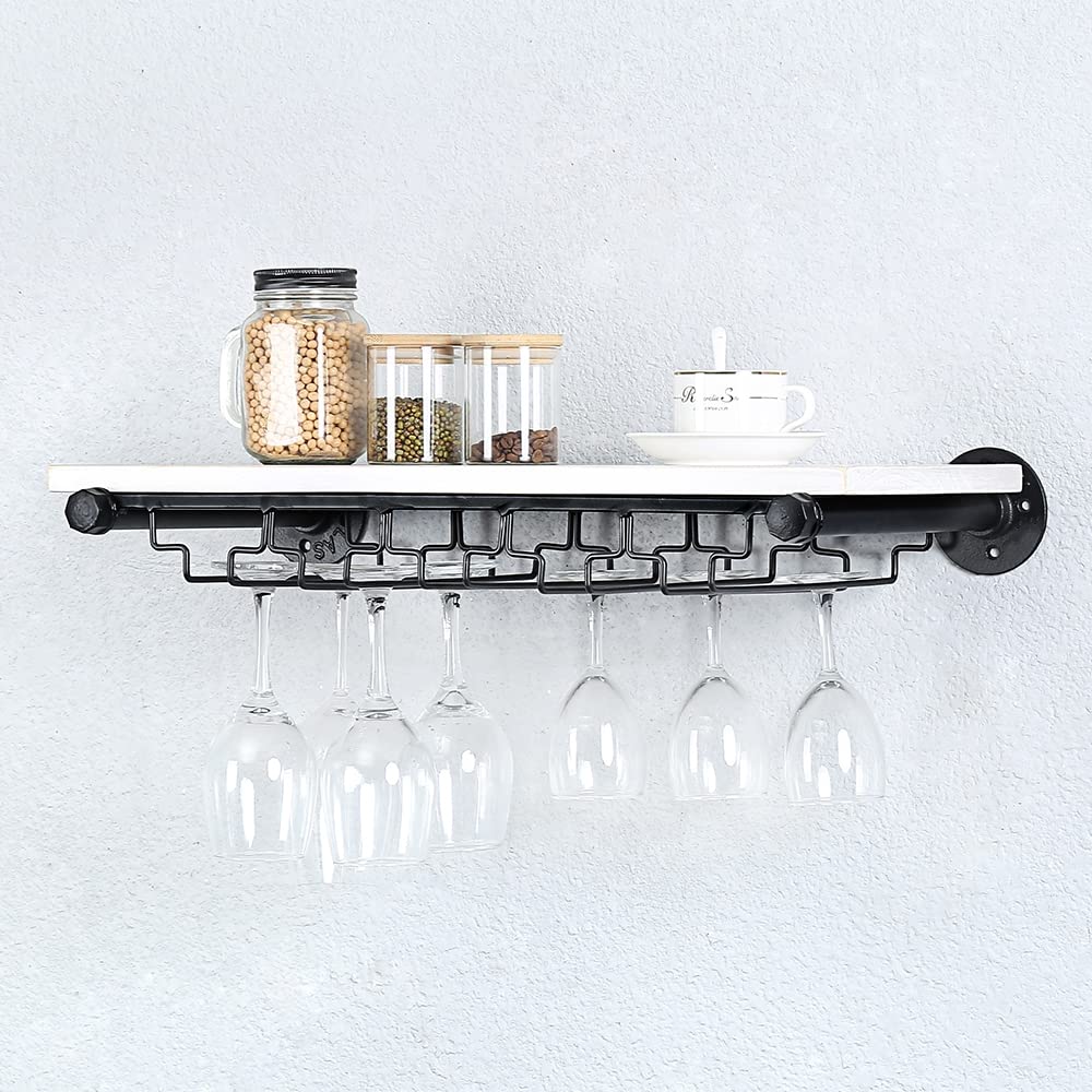 OLDRAINBOW Industrial Pipe Shelving Hanging Stemware Racks,Rustic Wall Mounted Wine Rack with 5 Glass Holder,Steampunk Iron Floating Bar Shelves Stemware Holder,24in Metal Real Wood Shelf Wall Shelf