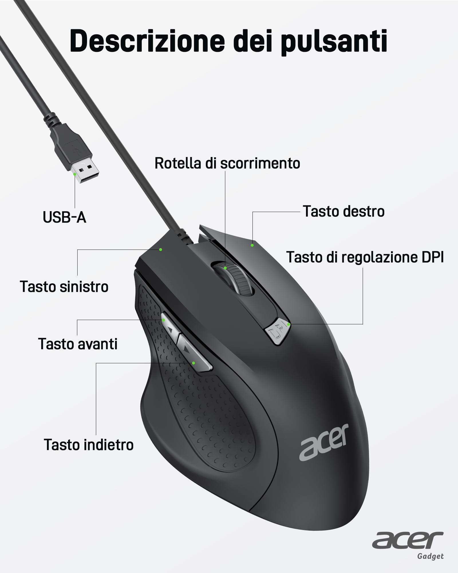 Acer Mouse USB Cablato, 3200 DPI, Con Filo Computer Cavo USB 1,5M, Ergonomico Con 6 Pulsanti, Ottico Ufficio Compatibile Con Laptop, PC, Mac, Chromebook