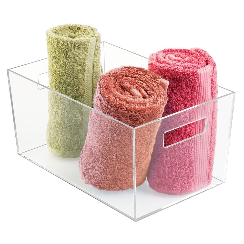 mDesign 4er-Set Ablagebox mit integrierten Griffen – große Aufbewahrungsbox für Make-up, Handtücher, Seifen und Shampoo – ideal zur Kosmetikaufbewahrung im Bad – durchsichtig