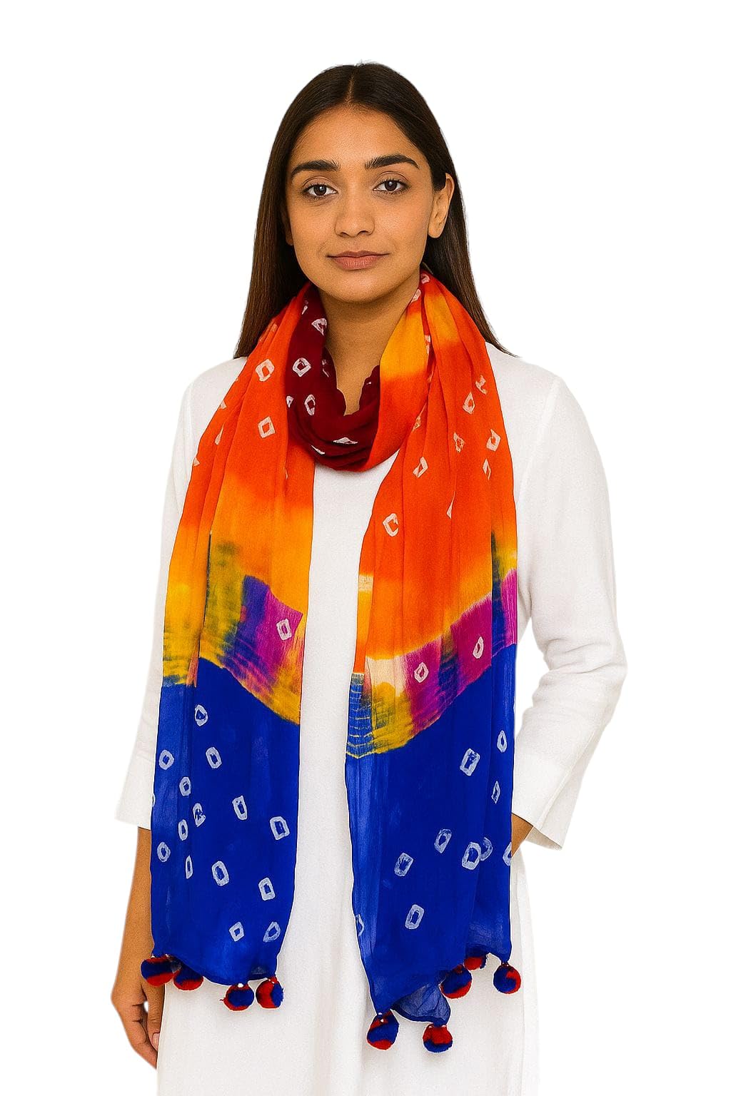Chiffon Multicolor Chunari Print Dupatta with Pom-Pom-image-12