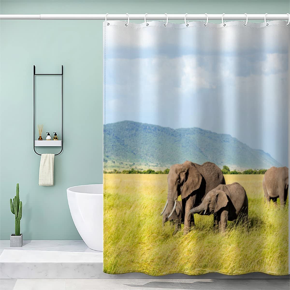 AOLIGL 3D Printed African Elephants Animals Elephants Shower Curtains with 12 Hooks Green Black Grey White Weighted Shower Curtain 200 x 200 Art Deco Luxury Shower Curtain with Eyelets