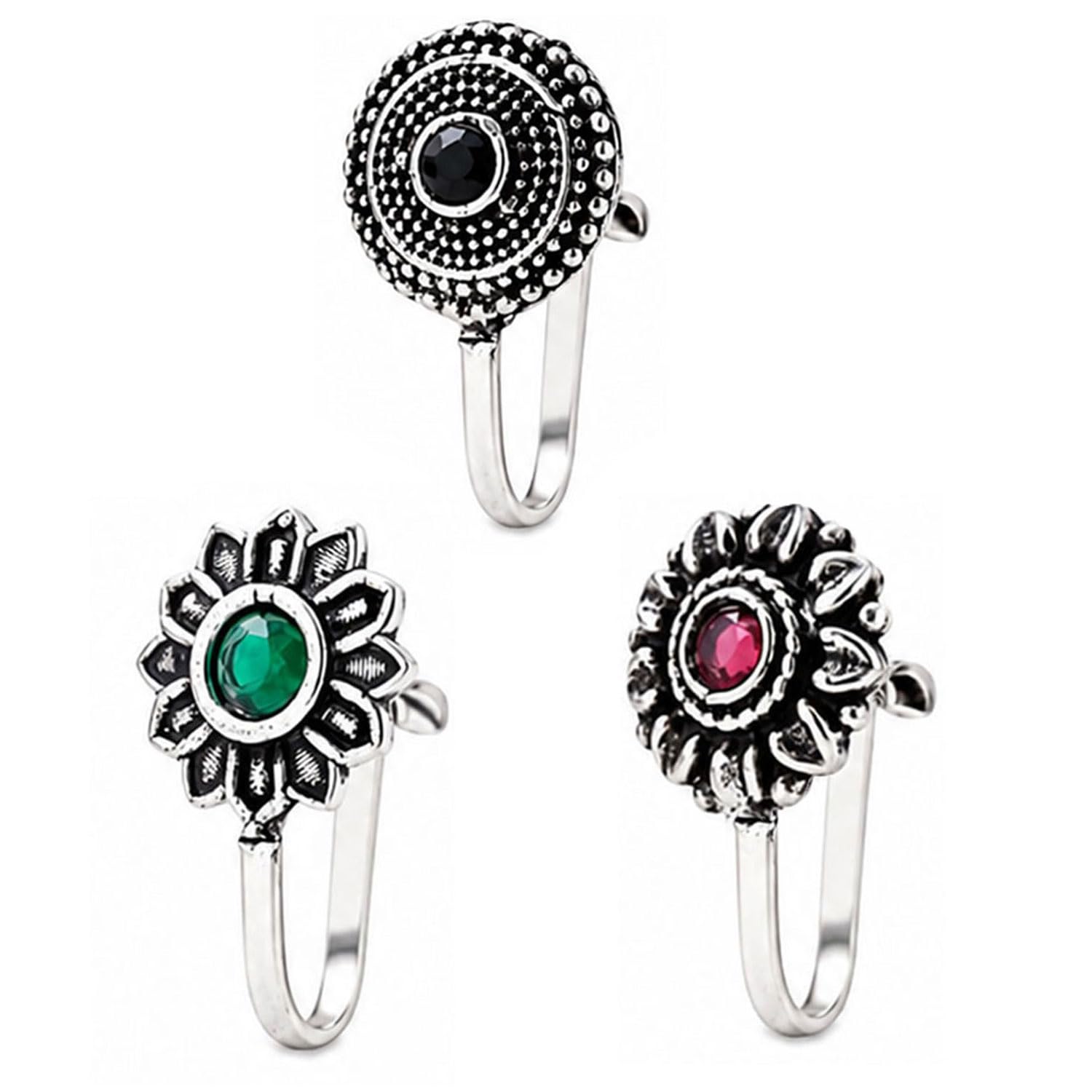 vama FASHIONS Silver German Oxidised Clip On Nose Pin Non Piercing Tribal Ethnic Studded Nose Ring Antique Boho Pressing Nosepin For Womens & Girls-picture-12