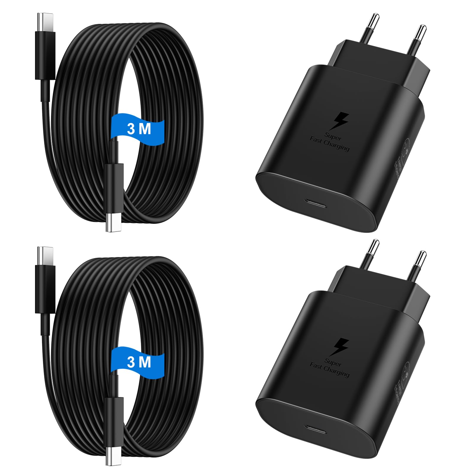 USB C Ladegerät 2er-Pack 25W Schnellladegerät Netzteil Ladekabel Type C Schnellladekabel Handy Stecker Adapter für Samsung Galaxy S26 /S25/S24/S23/S22/S21/S20/S10/iPhone 17 16 15 Pro Max Air 3M