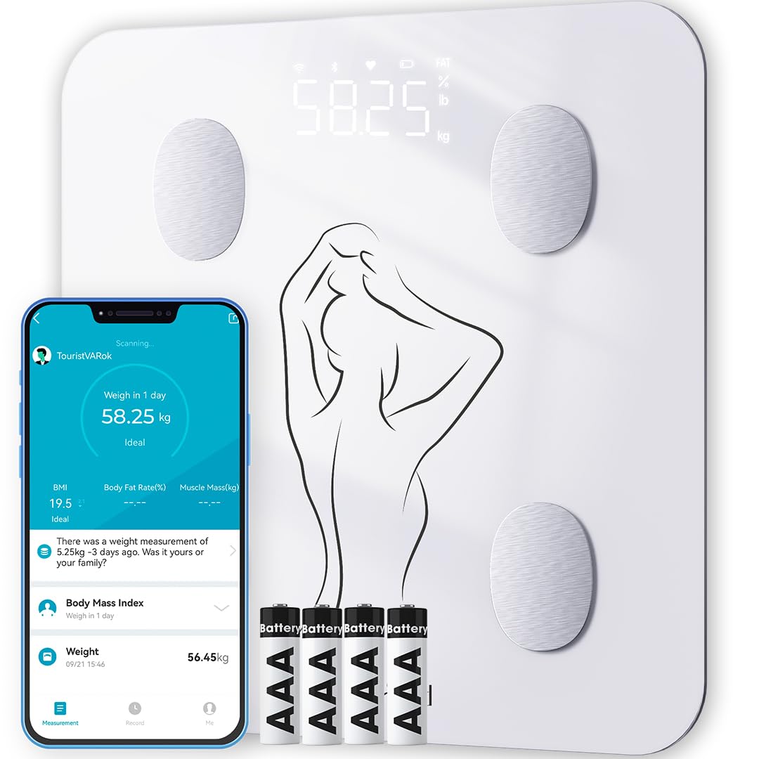 Scales Digital Weight and Body Fat - 6mm Tempered Glass Bathroom Scale for Body Weight with LED Backlit Display, Scale with BMI, Body Fat, Muscle Mass Measuring Through The Hapi App - 400LB
