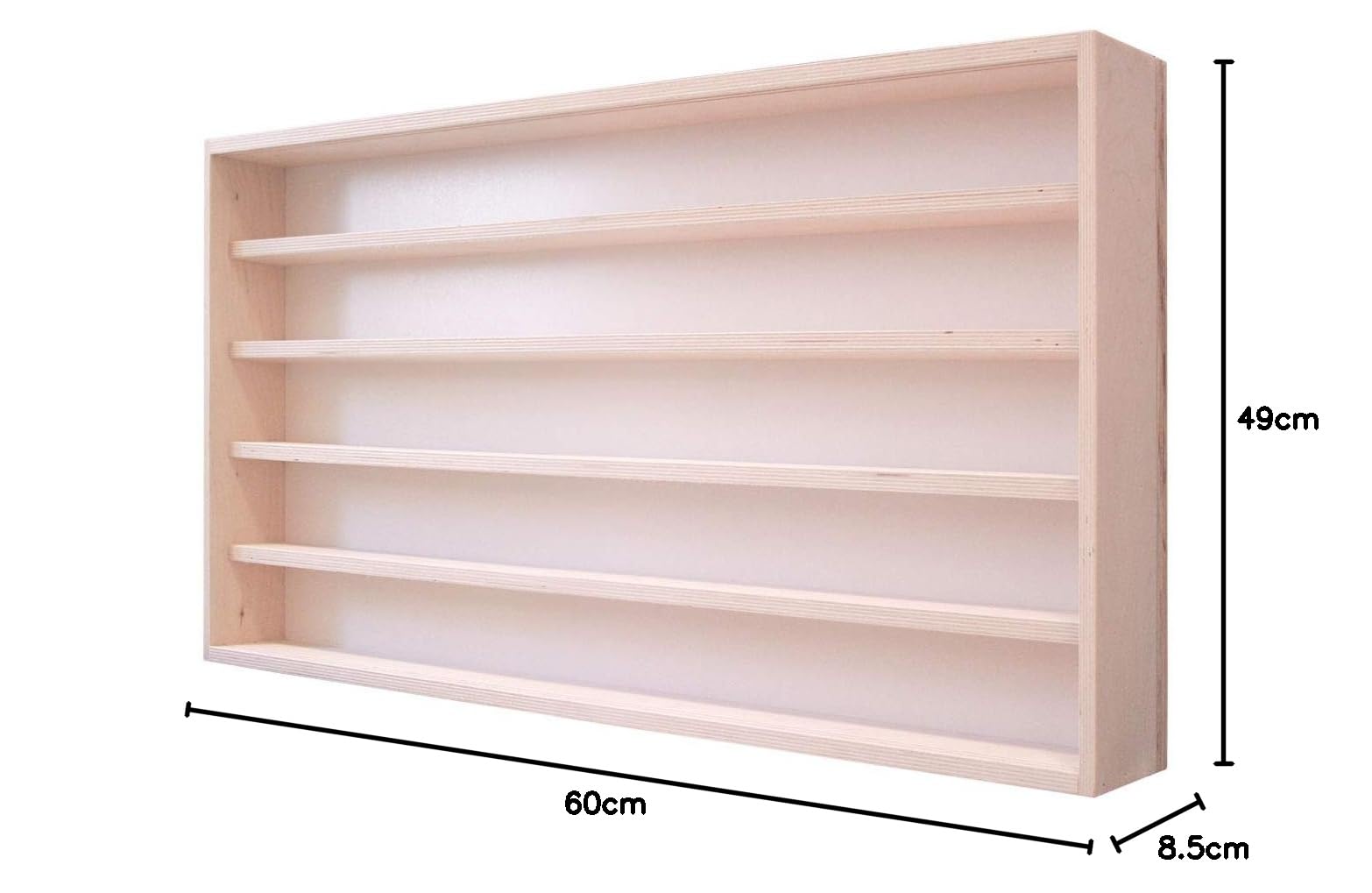 V60,5 Espositore da parete, 60 x 49 x 8,5 cm, legno di betulla non finito, 2 porte scorrevoli trasparenti in plexiglass a 5 ripiani, scala H0 e N