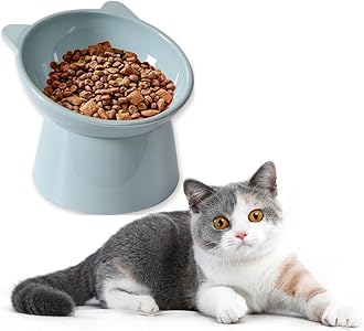 Tilted Raised Posture for Cat Food Bowl Neck for Protection Anti Vomiting 45 Degree Elevated Slanted Stand Bowls for Cat Tilted Bowl Diameter Approx.13.7cm/5.39in (Baby Blue)
