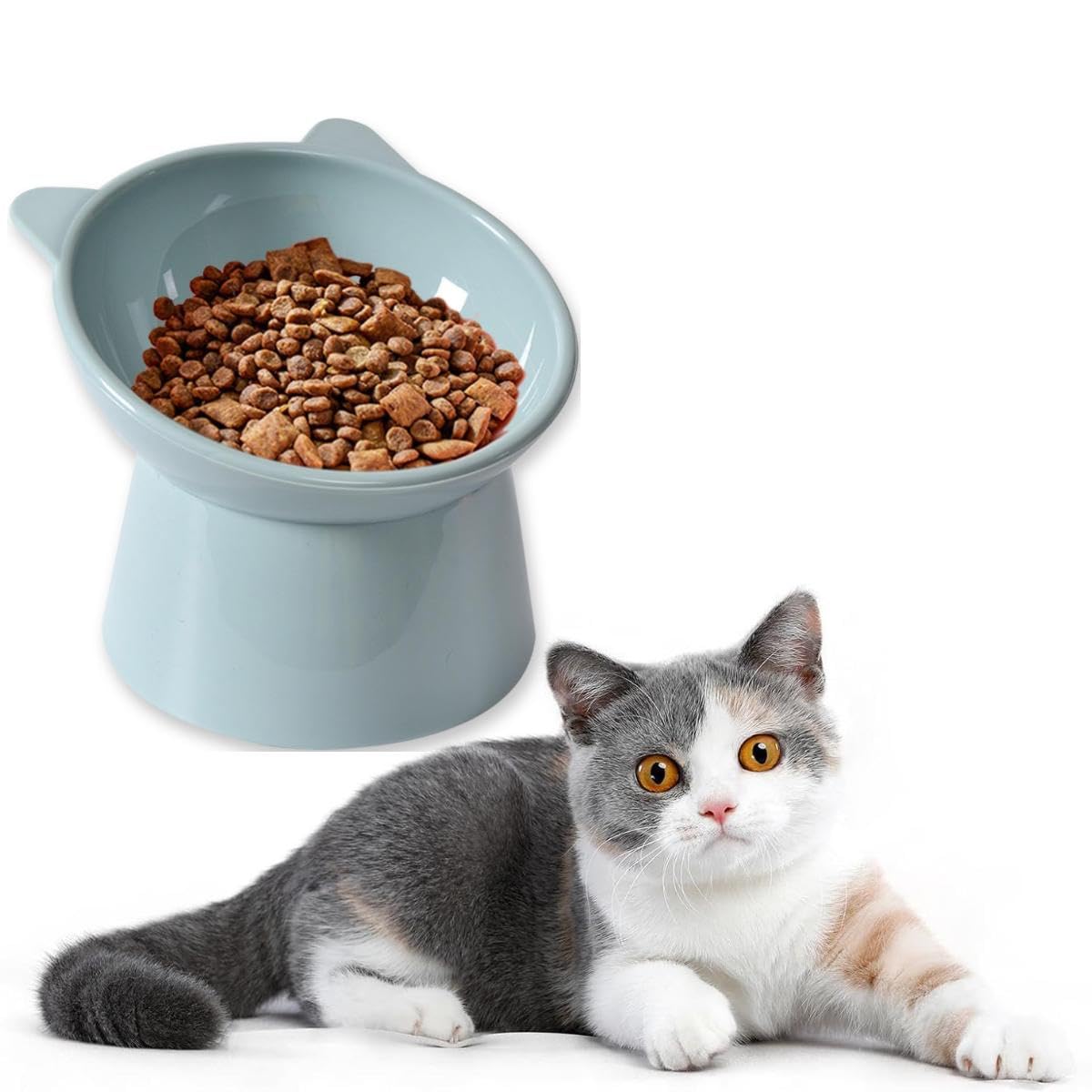 Tilted Raised Posture for Cat Food Bowl Neck for Protection Anti Vomiting 45 Degree Elevated Slanted Stand Bowls for Cat Tilted Bowl Diameter Approx.13.7cm/5.39in (Baby Blue)