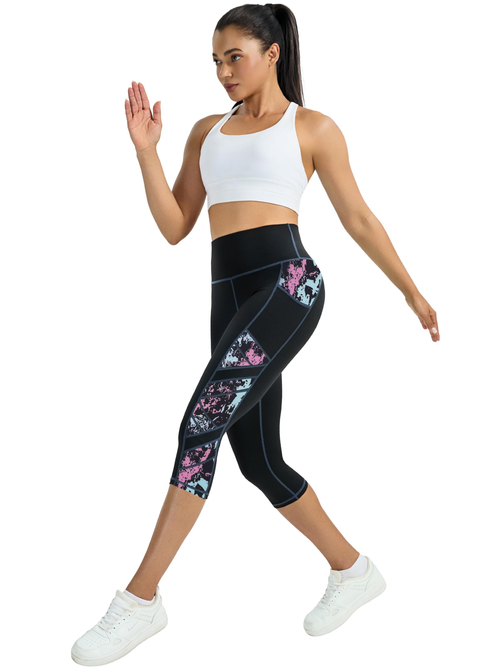Pantalon de sport 3/4 pour femme - Avec poches - Opaque - Pantalon de fitness - Pantalon de course pour femme