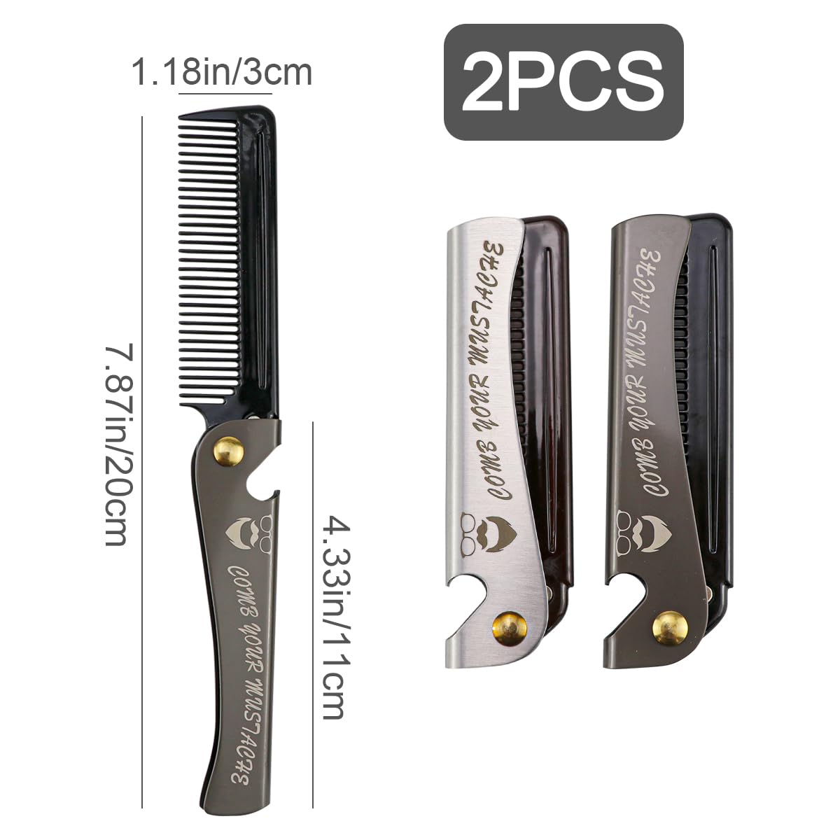 Foldable Stainless Steel 2 in 1 Pocket Comb and Bottle Opener - Folding Beard Comb for Men, 2 Pack - Image 2