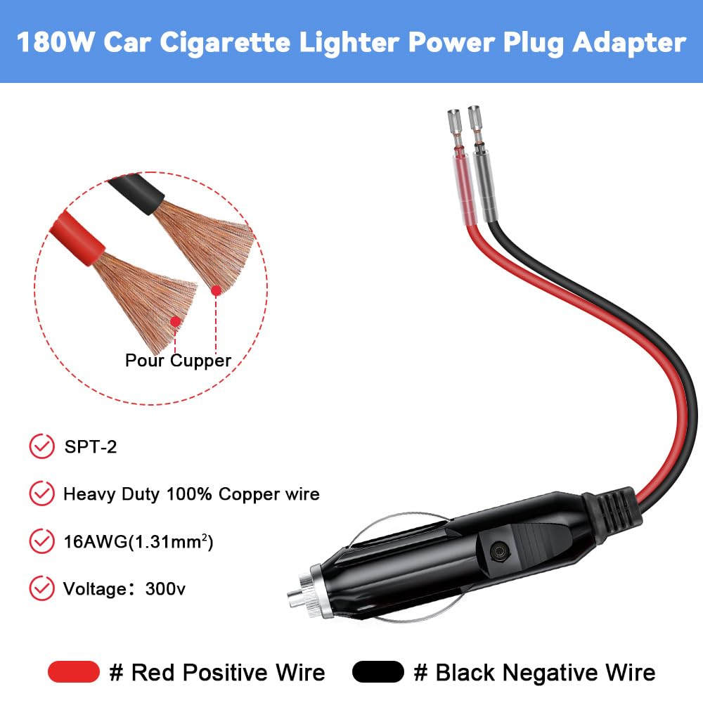 Adaptador para encendedor de cigarrillos, enchufe macho de 12 V, con cables y luz LED, fusible de 16 AWG/15 A, 1 pies/2 unidades (1 # 1 to2)