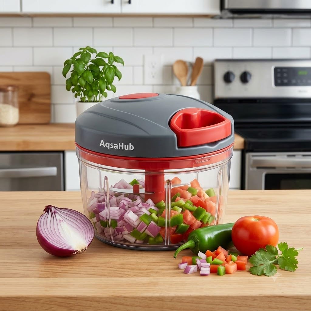 3 Stainless Steel Blade, Powerful Mini Handy Quick 450 ml Vegetable & Fruit Chopper (Red)-image-48