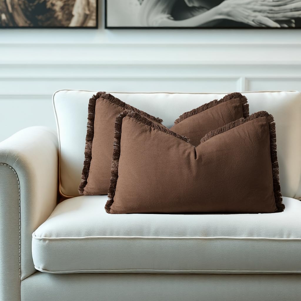 Decorative Boho Fringe Linen Couch Cushion Covers 30X50cm Set of 2 Brown — image 1
