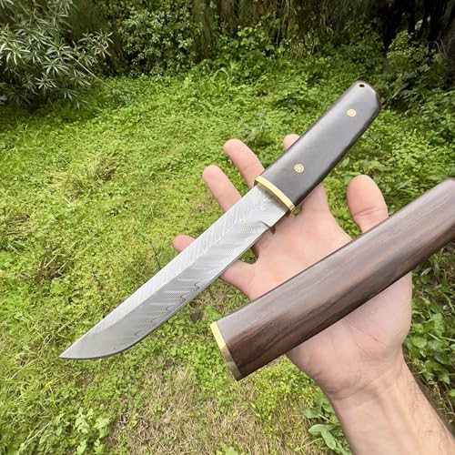 Obespina Grand Couteau Tanto damas lame fixe damascus japonais étui intégral bois ébène full tang collection randonnée traditionnel custom camping forge...