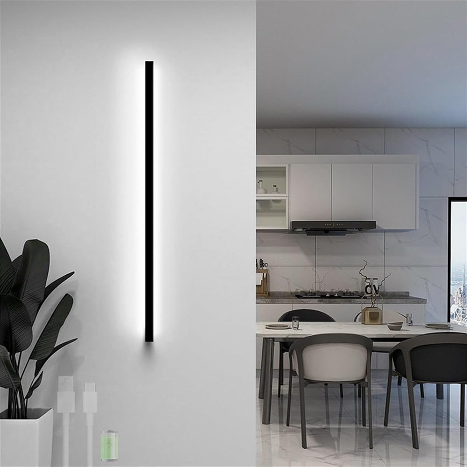 HCZKIUJY USB Rechargeable LED Wall Sconces Modern Indoor Battery Operated Long Strip Lamp Black Aluminum Acrylic Lighting for Bedroom Living Room Corridor(White Light-60cm)