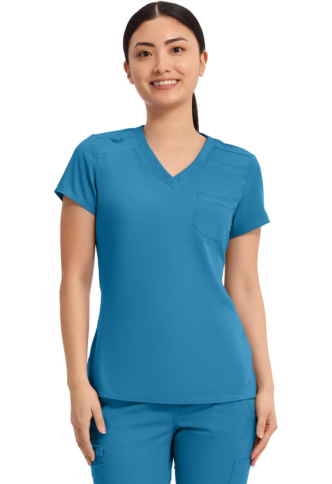 Med Couture Women's V-Neck Scrub Top, Modern Fit Tuck-in Top with Stretchy Rib-Knit Shoulders and Chest Pocket - MC7448