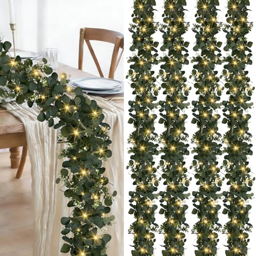 WEITANKG Eucalyptus Garland with Lights 4 Packs 6FT Artificial Lighted Garland Spring Summer Green Faux Garlands for Indoor Outdoor Home Decor Table Runner Wedding Arches Backdrops Decor