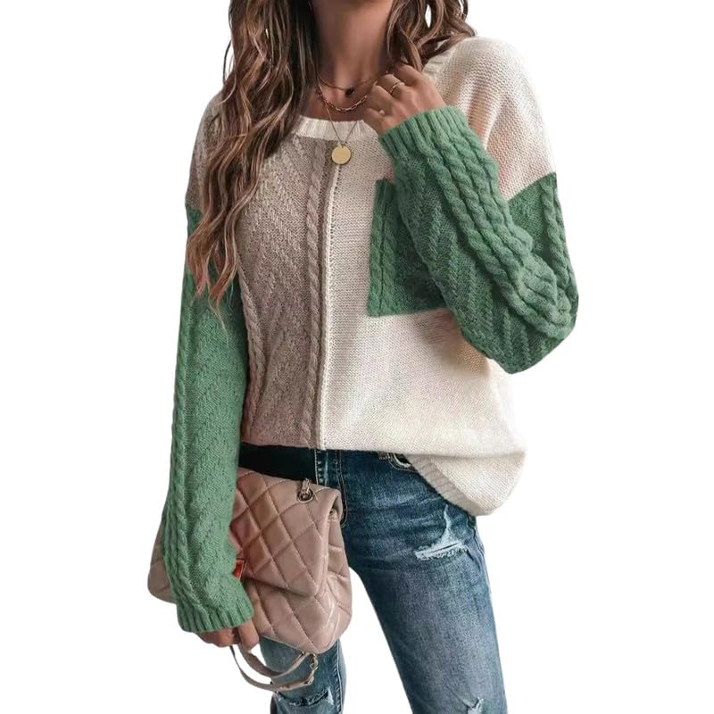 Women's Patchwork Pullover Sweater Long Sleeve Crew Neck Knitted Top with Pocket