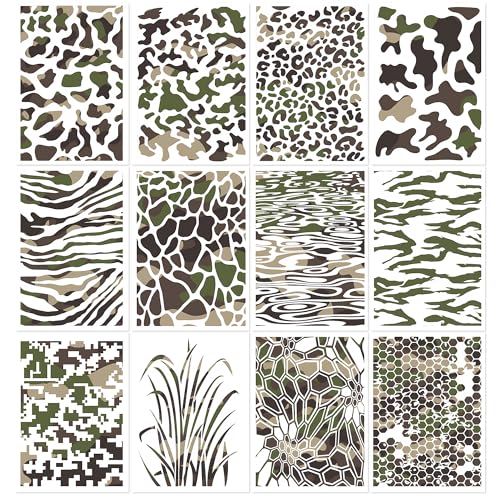 12 PCS Camo Stencils for Painting 13.8 * 9.8 in Large Camouflage Stencils for Spray Painting Crafts Reusable for Wall Boat Wood Canvas Fabric DIY Home Decor