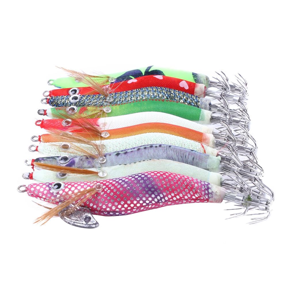 Mikinona 10 pièces Kit Leurres Appâts Crevettes et Calmars Simulés Hameçons de Robustes Acier Accessoires Lure Fishing Hooks pour Carnassiers