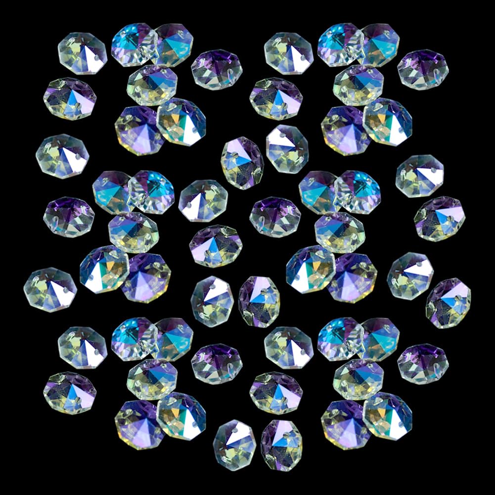 120 Pcs 14 mm Glass Octagon Crystal Beads 2 Hole Crystal Prism Beads AB Color Bead Charms Transparent Faceted Bead Chandelier Replacement Crystals DIY Suncatcher Making Supplies for Jewelry Pendants