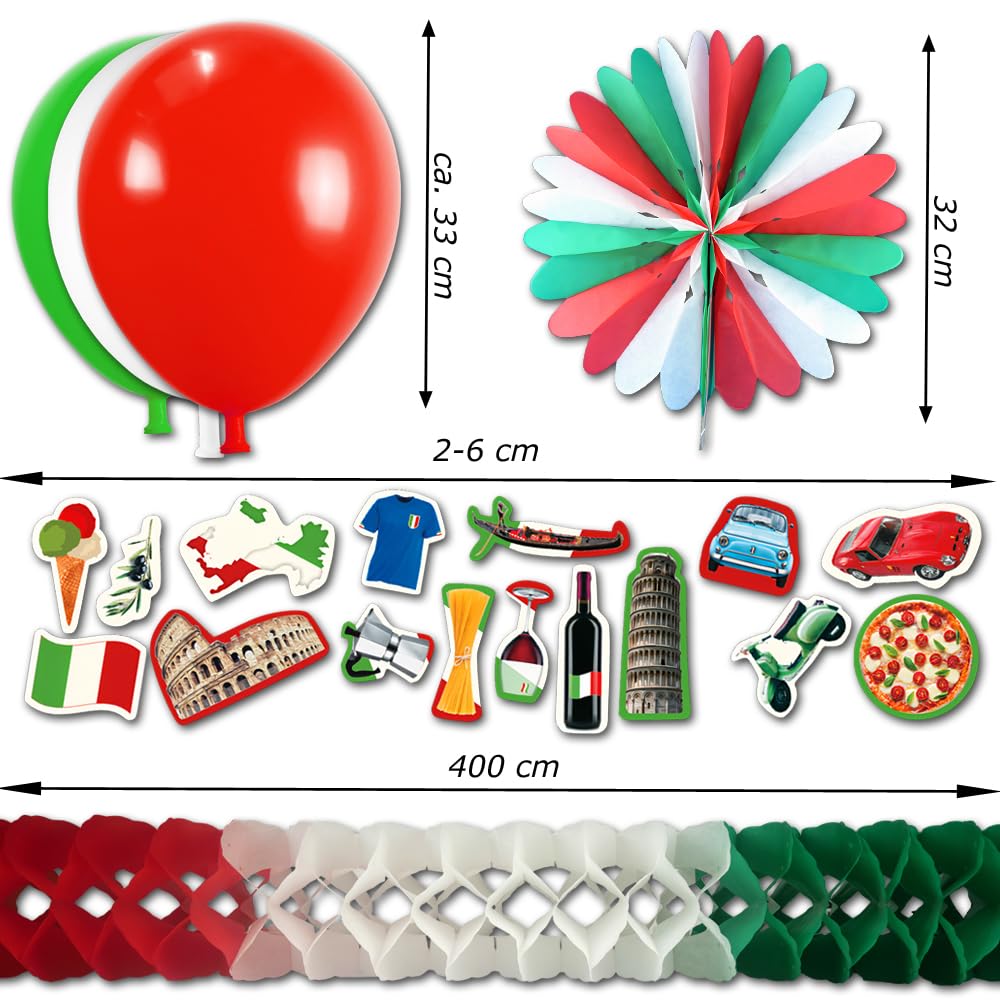 Italien Deko Set groß – Partydeko Italien Flagge mit Girlanden, Rosette, Fahnenkette, Luftballons, Lampion, Bella Italia Buchstabenkette, Tischdeko, Fähnchen & Luftschlangen