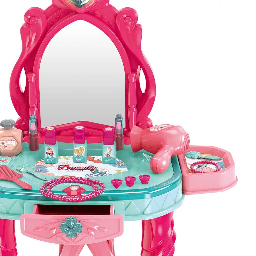 BAKAJI Specchiera Giocattolo per Bambine con Anta Porta Singola Specchio Set Bellezza Make Up Mobile e Accessori Realistici Gioco con Luci e Suoni con Cassetto Contenitore Sicuro Robusto