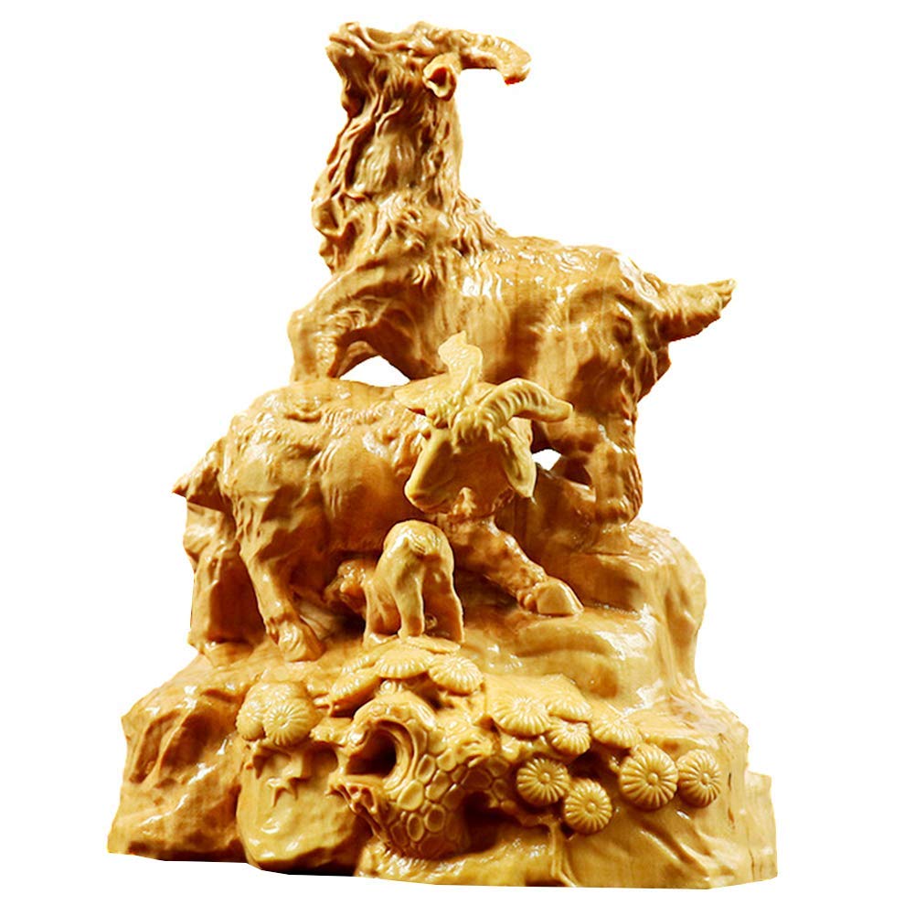 YNIYUJKL Sheep Statues And Sculptures Boxwood Ornaments, Feng Shui San Yang Kai Tai Figurines, Home Office Table Decoration, Attract Good Luck And Wealth,Wood