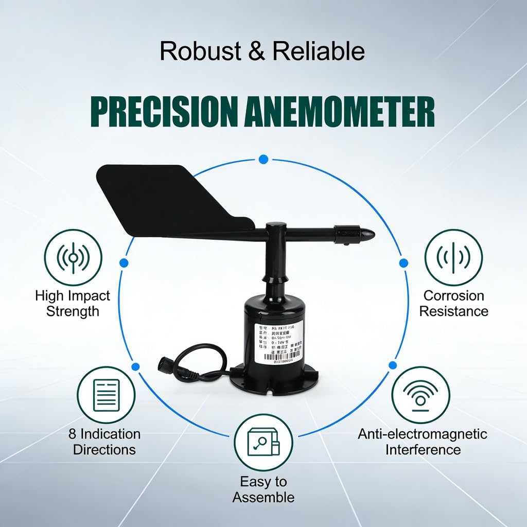 Wind Speed Sensor Anemometer, Polycarbonate, 8 Directions, 0-10V Output - Accurate Measurement, Durable Bearing System, Outdoor Environmental Use