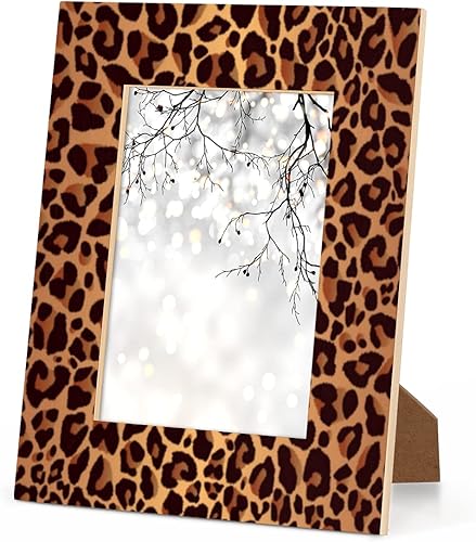Miniatura 4 de Marco de fotos de leopardo de 5 x 7 pulgadas, estampado de piel de guepardo, marco de fotos de madera para escritorio, marco de fotos de mesa para