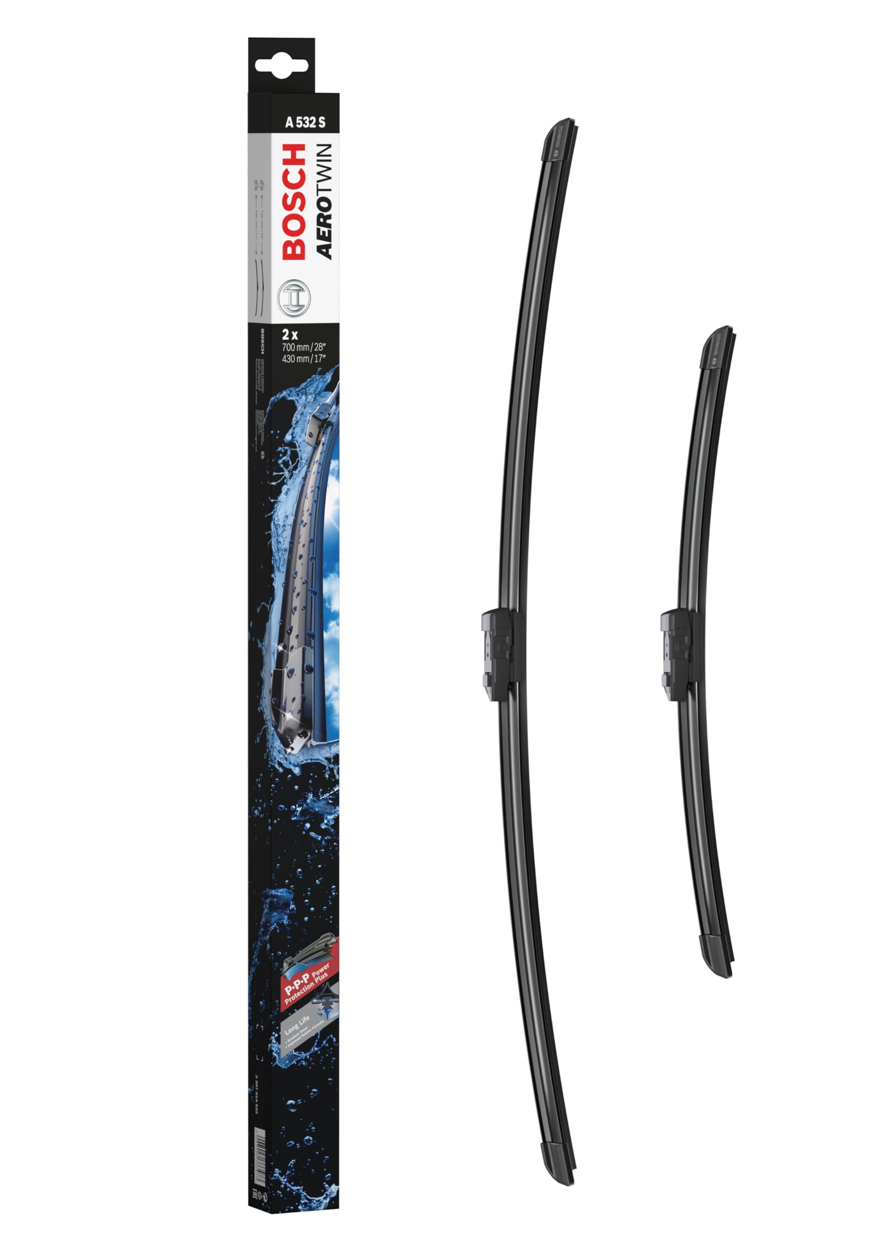 Escobilla limpiaparabrisas Bosch Aerotwin A532S, Longitud: 700mm/430mm − 1 juego para el parabrisas (frontal) - Válidas únicamente para vehículos con volante a la derecha (UK)