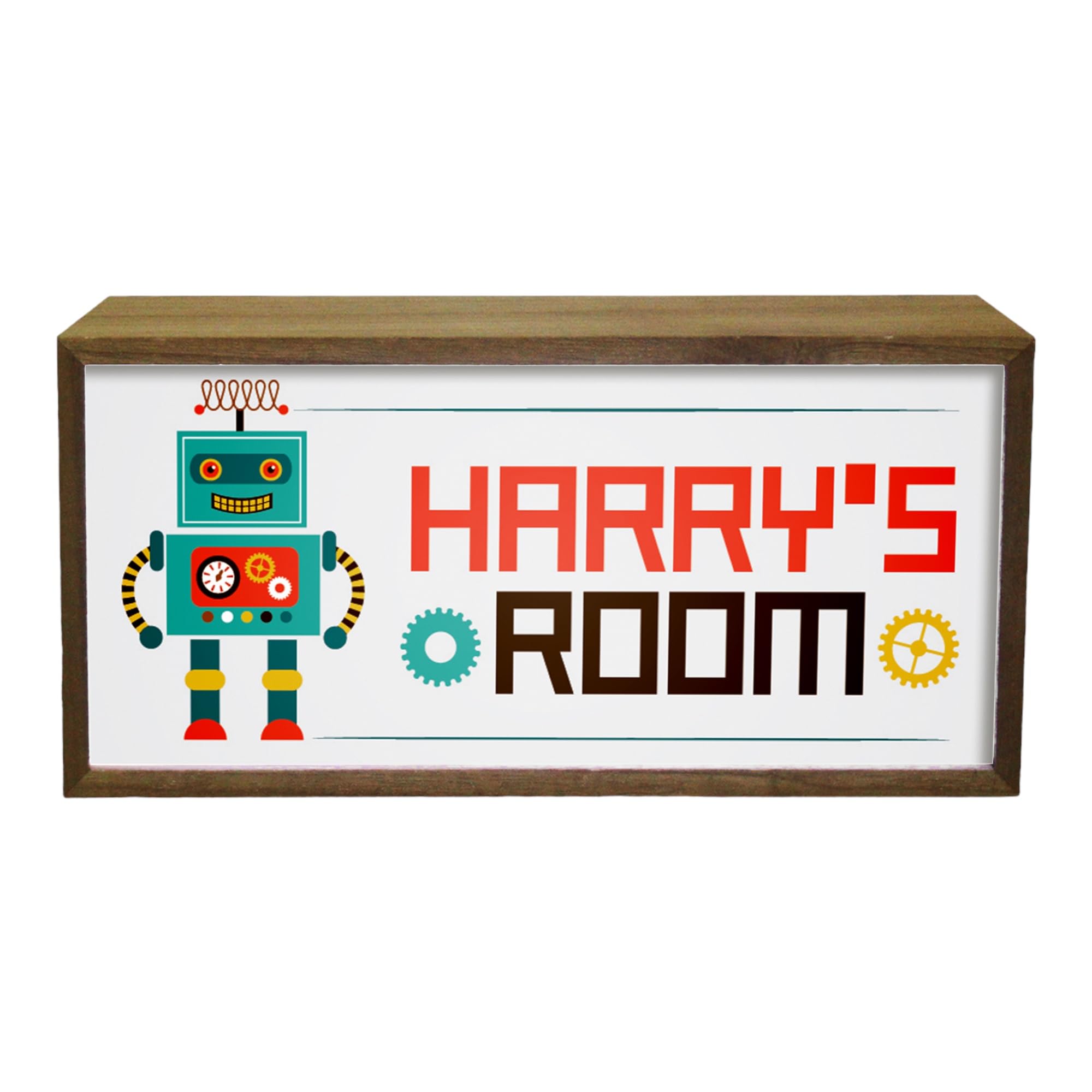 Personalised Light Box Kids Room Robot | Custom Text Illuminated Light Up LED Sign | Bespoke Night Light Retro Robot Design Lighting | Portable Children's Display