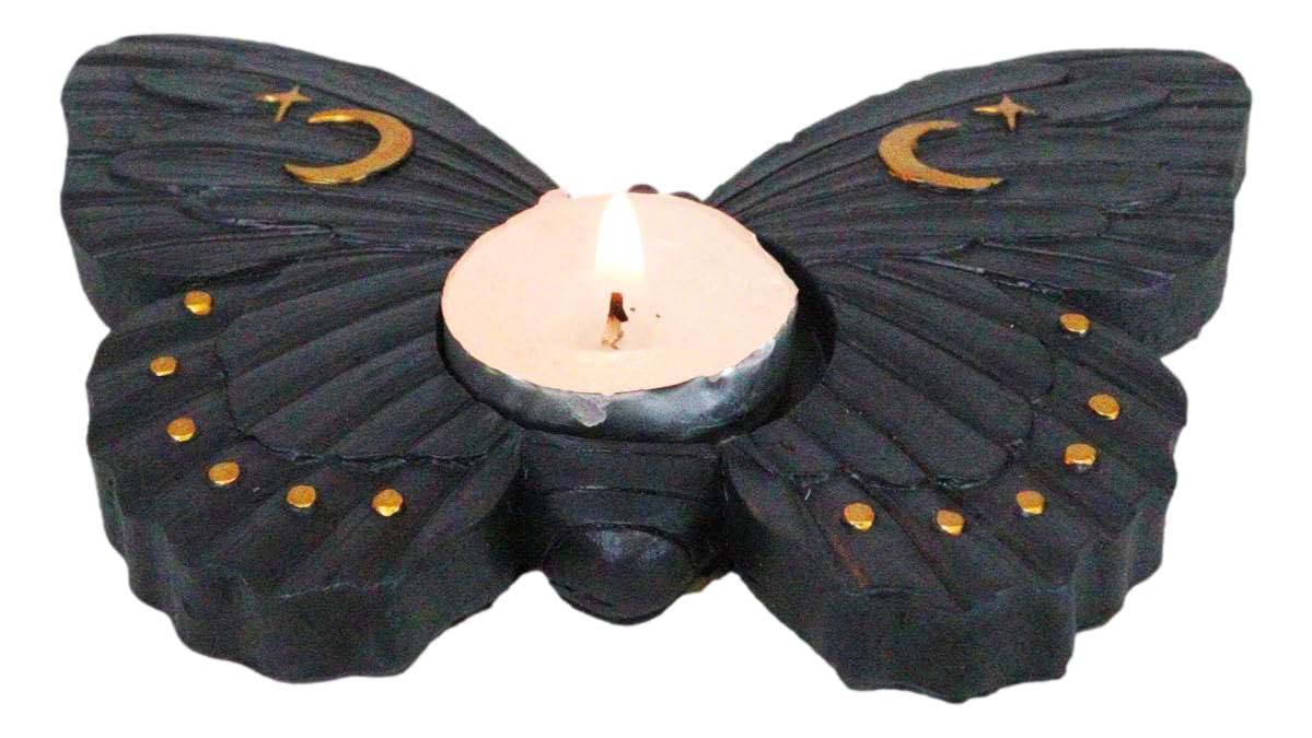 Ebros Gift Wicca Metaphysical Celestial Moons Black Moth Votive Tealight Candle Holder Figurine Decorative Candleholder